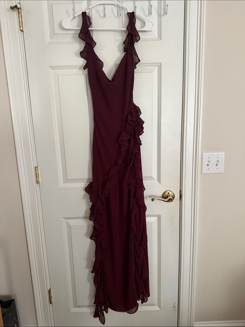House of CB Burgundy Ruffle V-Neck Maxi Dress